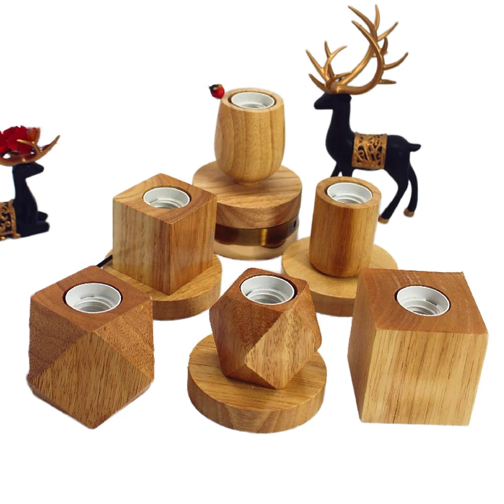 Vintage LED Wood Table Lamp Retro E27 Socket Desk Lamp Base Holder with AC220V EU Plug for Restaurant Bedroom Living Room Home