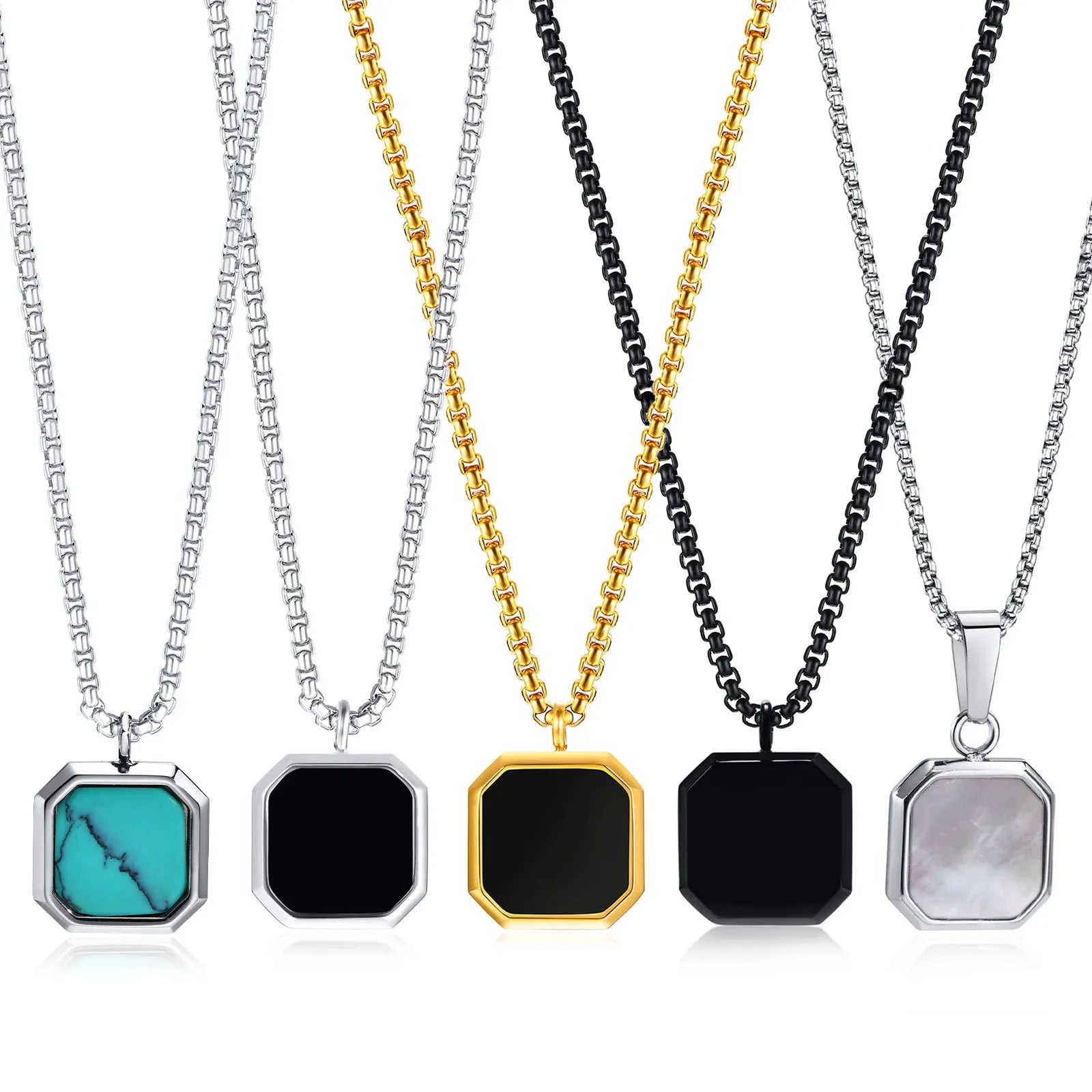 Hot Selling Punk Stainless Steel Geometric Enamel Black Onyx White Shell Men Square Natural Stone Necklace for Boy Gift Jewelry
