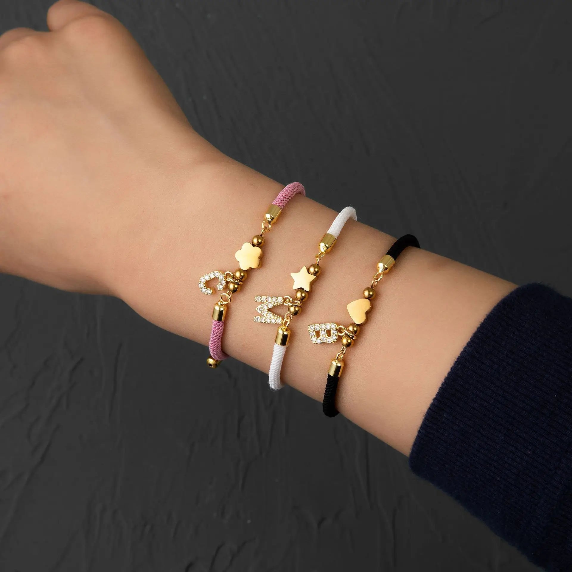 Qiuhan Adjustable Rope Chain A-Z Zircon Copper Gold Star Love Five-leaf Flower Custom Letter Bracelet