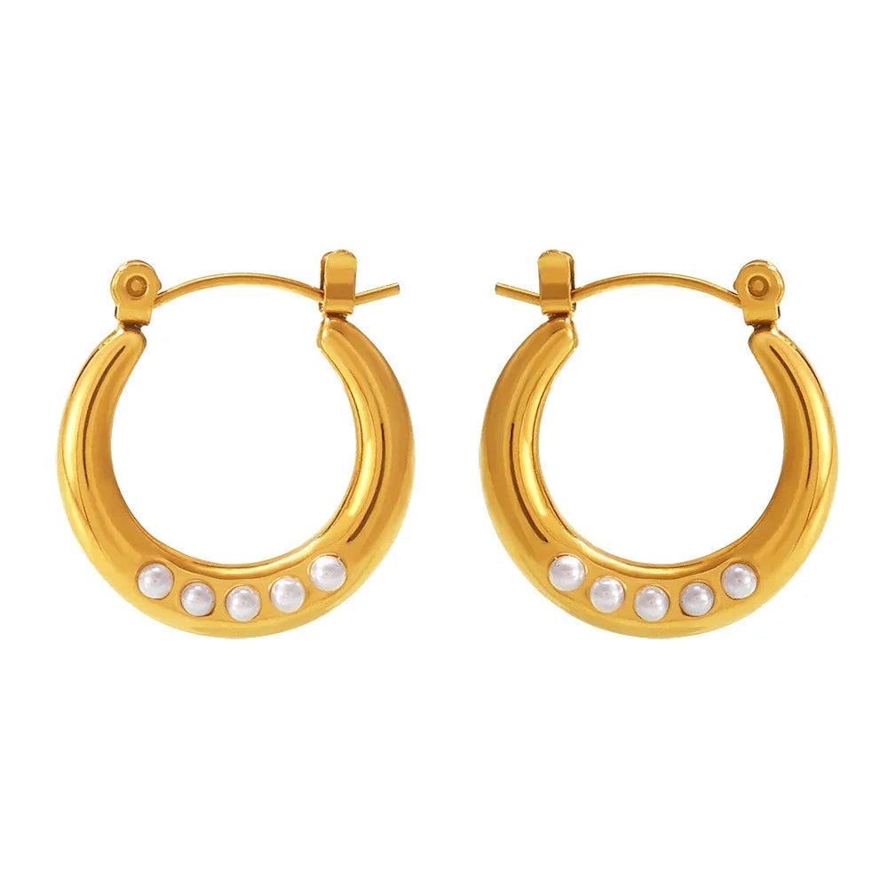 Waterproof Vintage Style Earrings Hoop Bezel Jewelry 18K Gold Planted Huggie Pearl Earring for Women