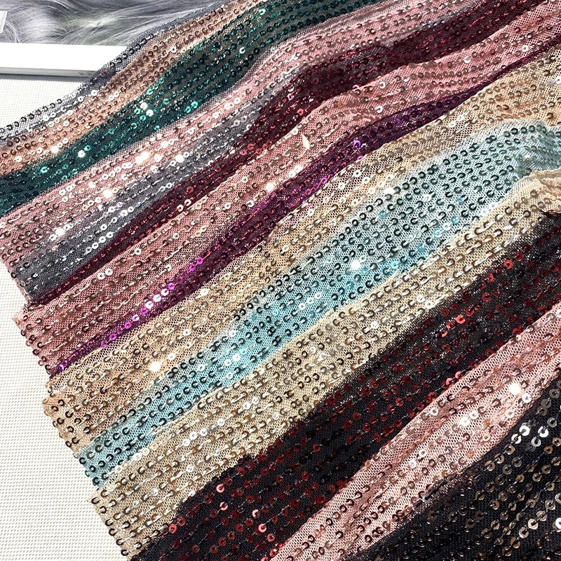 Wholesale Multi-Color Glittering Stripe Fluorescent Polyester Sequin Net Mesh Embroidered Fabric Knitted Wedding Girls Bags