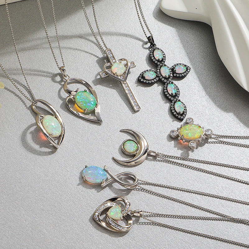 S925 Sterling Silver Plated 14k Gold Inlaid Sun Women Dainty Opal Moon Cross Heart Shaped Necklace Opal Gold Necklace