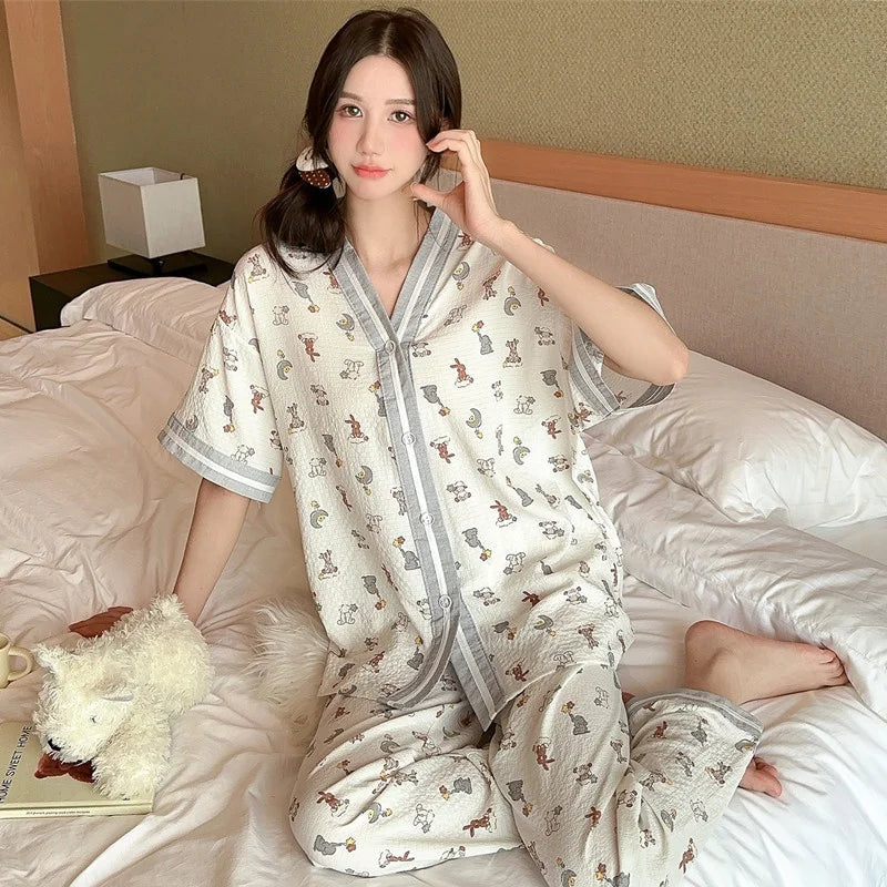 Summer Women's Floral Print  Pajamas Short Sleeve Gauze Bubble Nightgown with Length Pants Sleepwear for Ladies