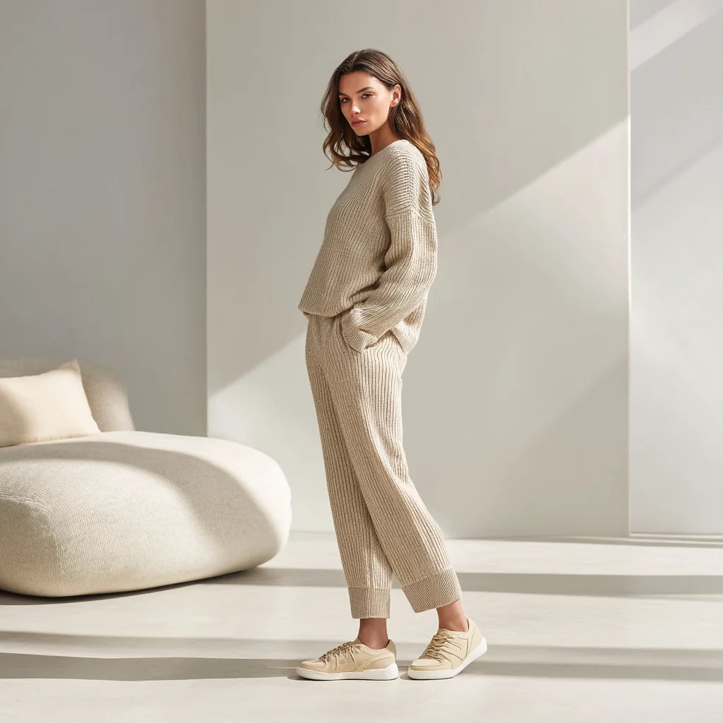 Women's Minimalist Wool-Cashmere Two-Piece Knitwear for Home and Travel a Stylish Lounge Sweater Set
