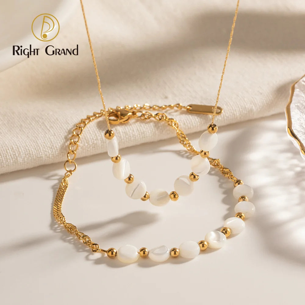 Waterproof 18K Gold Plated Stainless Steel Bracelet Jewelry Set Natural Shell Beads Chain Necklace Set