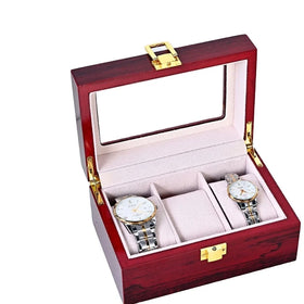 3 Slots Glossy Mahogany Lacquer MDF Wood Watch Bracelet Packaging Storage Box With Glass Lid
