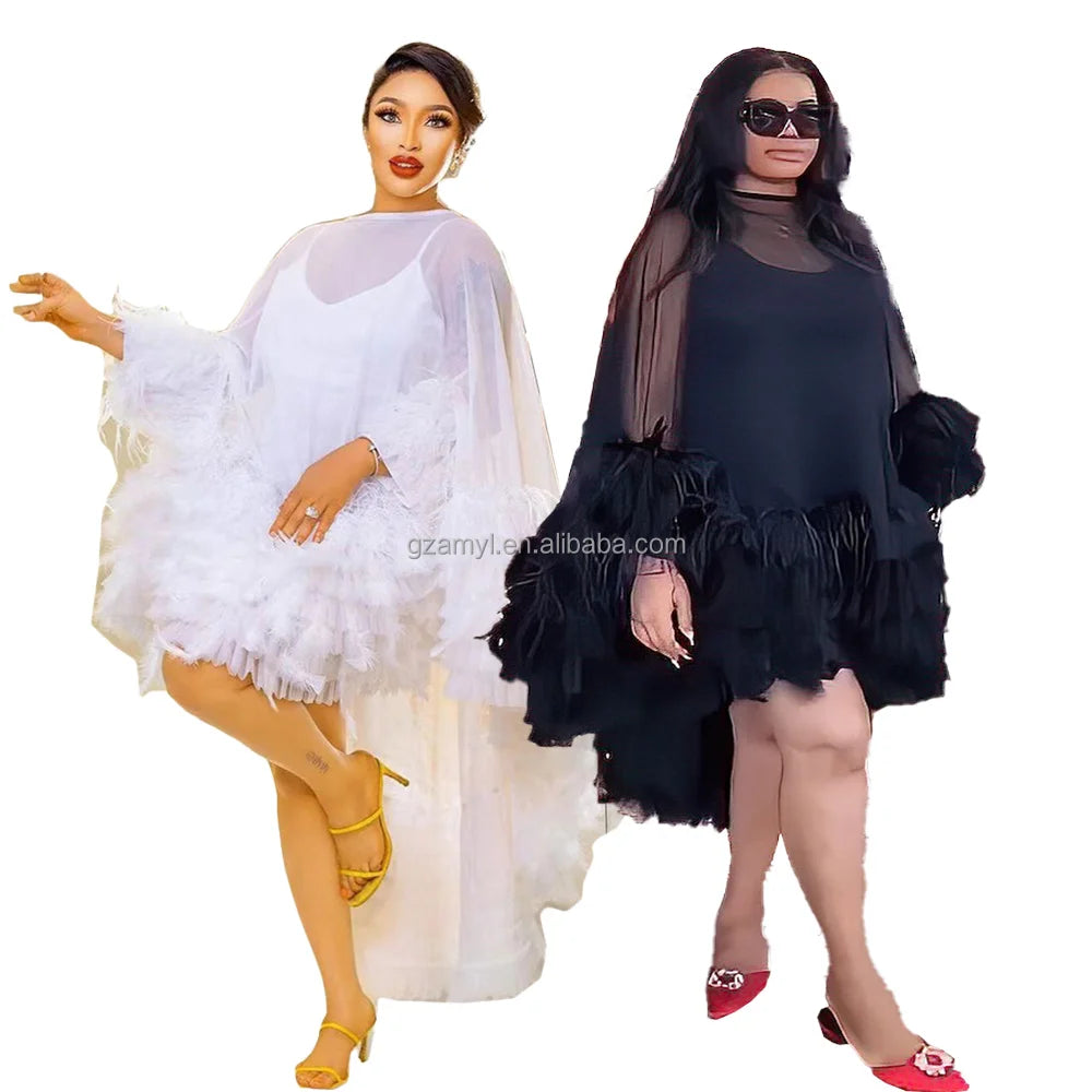 Recommend Support Ghana African Dress Designs Mesh Gauze African Dress Feather Africa Clothing White Two Piece African Dress
