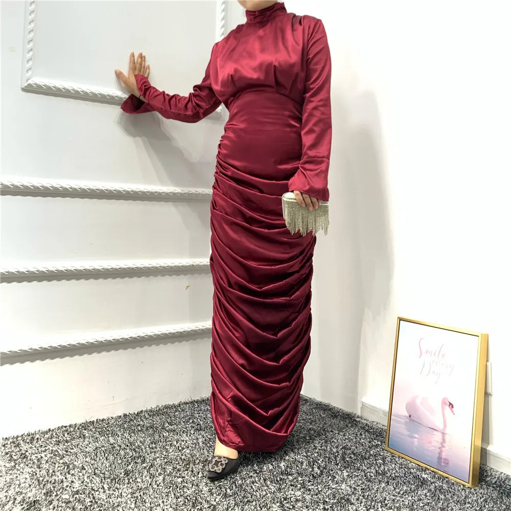 2022 Summer Style Latest Soft Drawstring Dress Dubai Satin Long Dress Muslim Women Dresses