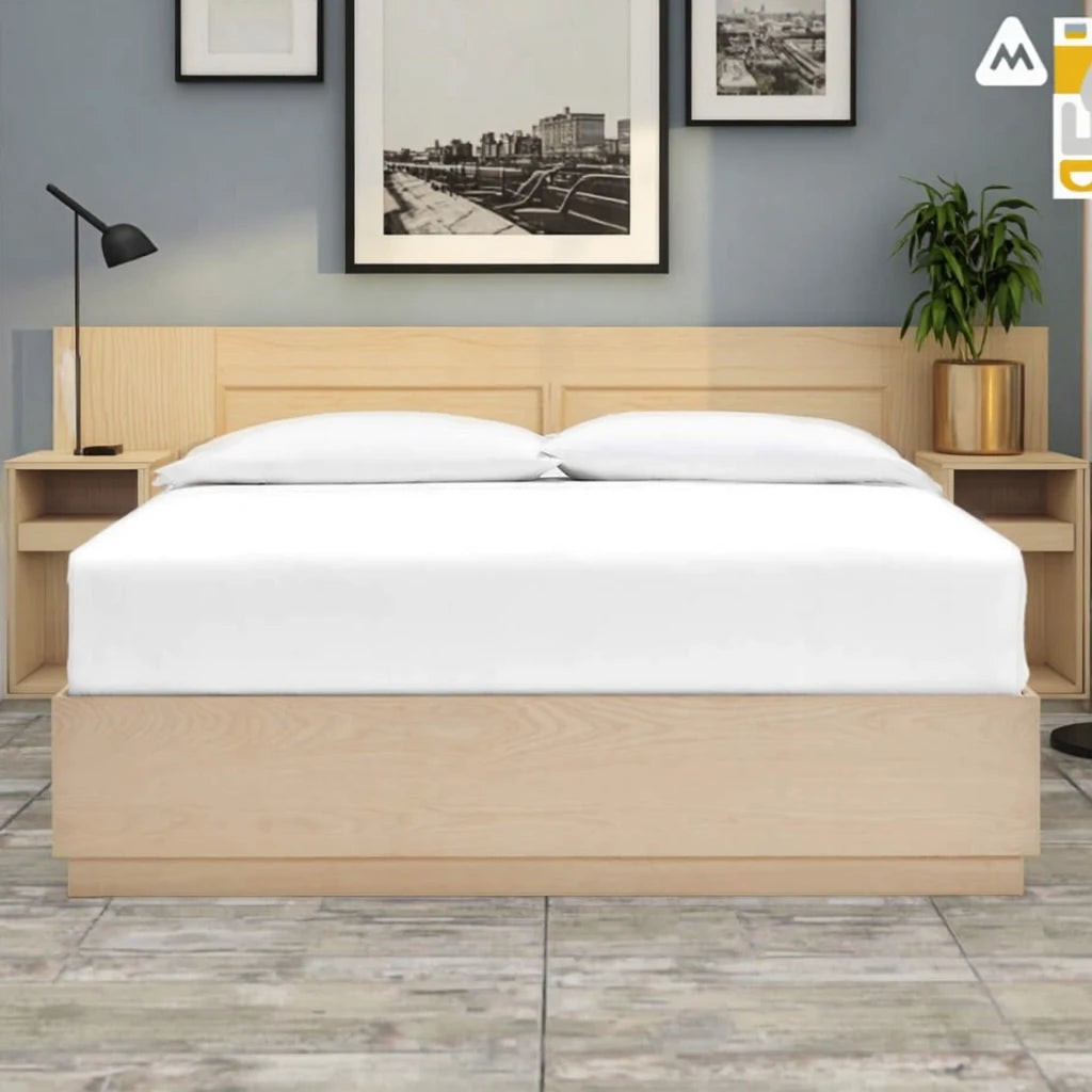 Modern Double Bed Walnut Oak Finish King Queen Sizes Panel Batten Headless Design for Bedroom Hotel Apartments Storage