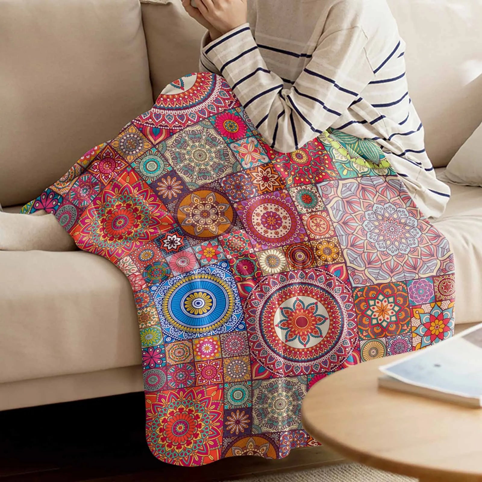 Wholesale Fuzzy Soft Cozy Ethnic Egyptian Morris Geometric Style Fleece Throw Blanket Reversible for Bed Couch Sofa Chair