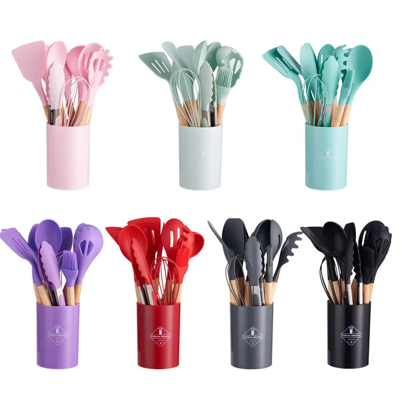 Wooden Handle Kitchen AccessoriesTool Food Grade 12  in 1 Set Kitchen Cookware Utensils Silicone Kitchenware Set
