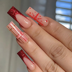 Wholesale Custom Press on Nails Ballerina Christmas Red Coffin French Tip Nails Manicure Acrylic Stick on Nails