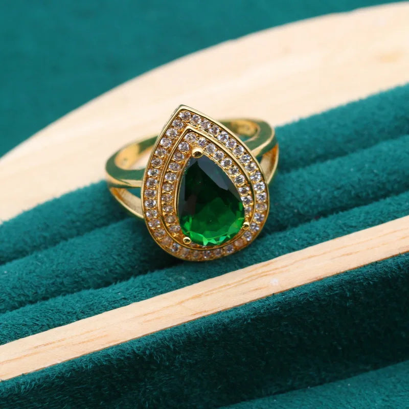 Wholesale Custom 18K Gold and Silver Water Drop Green Crystal Ring Classic Style Women's Alloy Jewelry for Wedding Parties