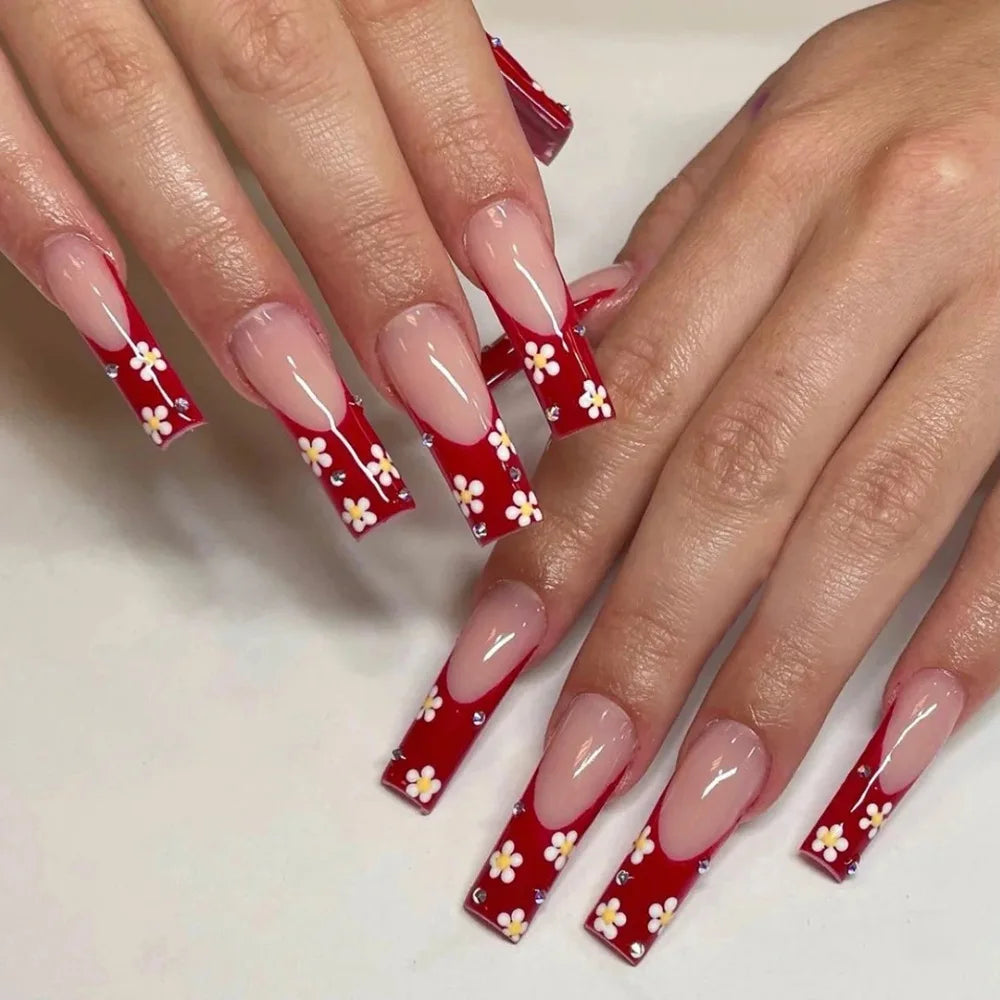 Long Nail Designs French Ballerina Coffin Artificial Nails Shining Red False Nail Tips
