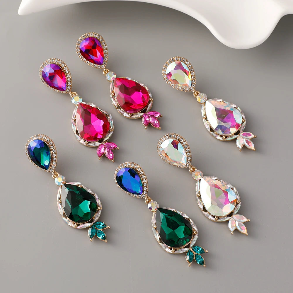 Simple Gold Plated Emerald Sapphire Waterdrop Earrings Shiny Rhinestone Water Drop Earrings for Lady