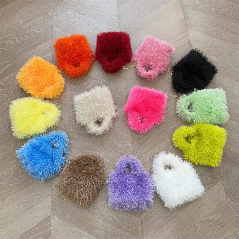 Faux Fur Women Small Handbags Fashion Furry Ladies Chain Shoulder Crossbody Bags Solid Color Female Soft Plush Tote Bag Purses