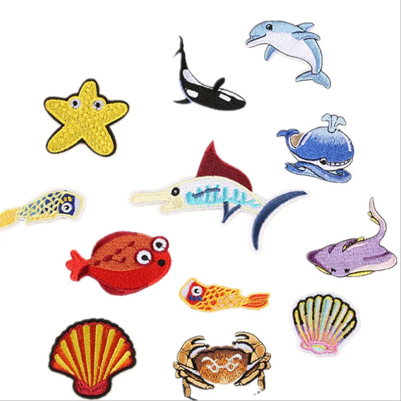 Hot Melt Adhesive Embroidered Shells Crabs Fish Sea Animals Patch for Clothing Bags Decoration Diy Garment Embroidery Patches