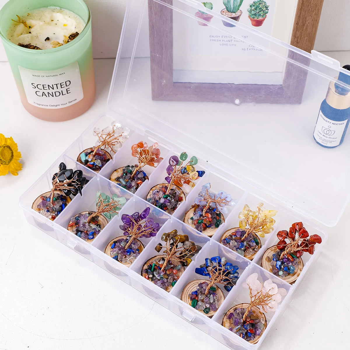 Wholesale Natural Crystal Raw Stone Tree Gift Box Small Wood Base Decorative Craft for Personal or Home Use