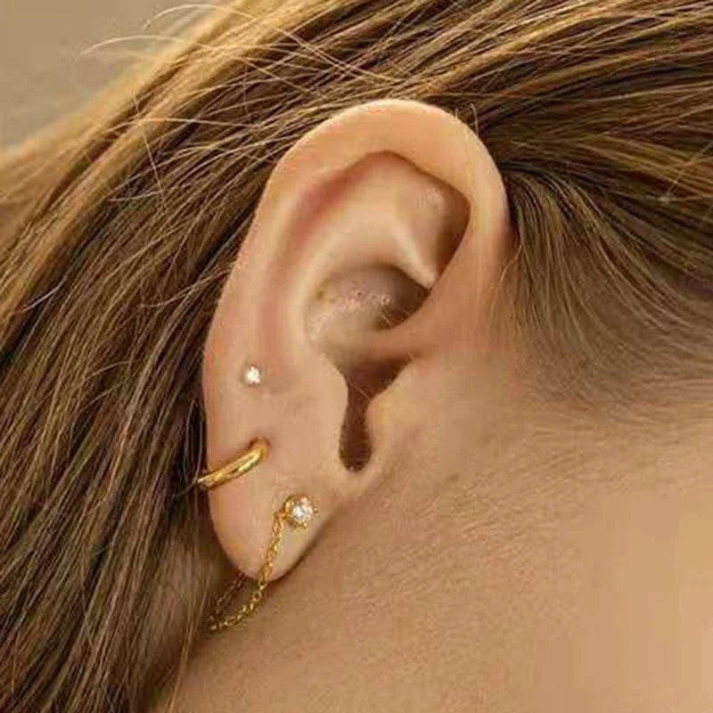 Lovely Girl Simple Chain Tassel Stainless Steel Dainty CZ Stub Earrings