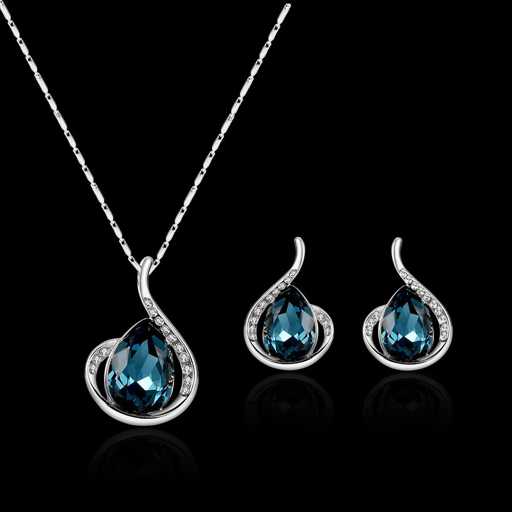 Custom Women Water droplet Crystal Wedding Jewelry Sets Jewellery Pendant Necklace Stud Earring Jewelry Set