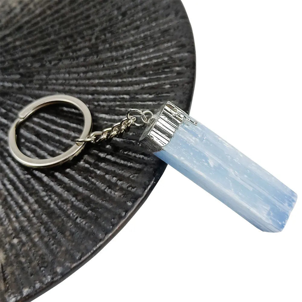 HZ Hottest Product Rectangular Electroplated Edging Hanging Chain of Natural Raw Mineral Crystal Key Ring Blue Gypsum Stone Key Cha