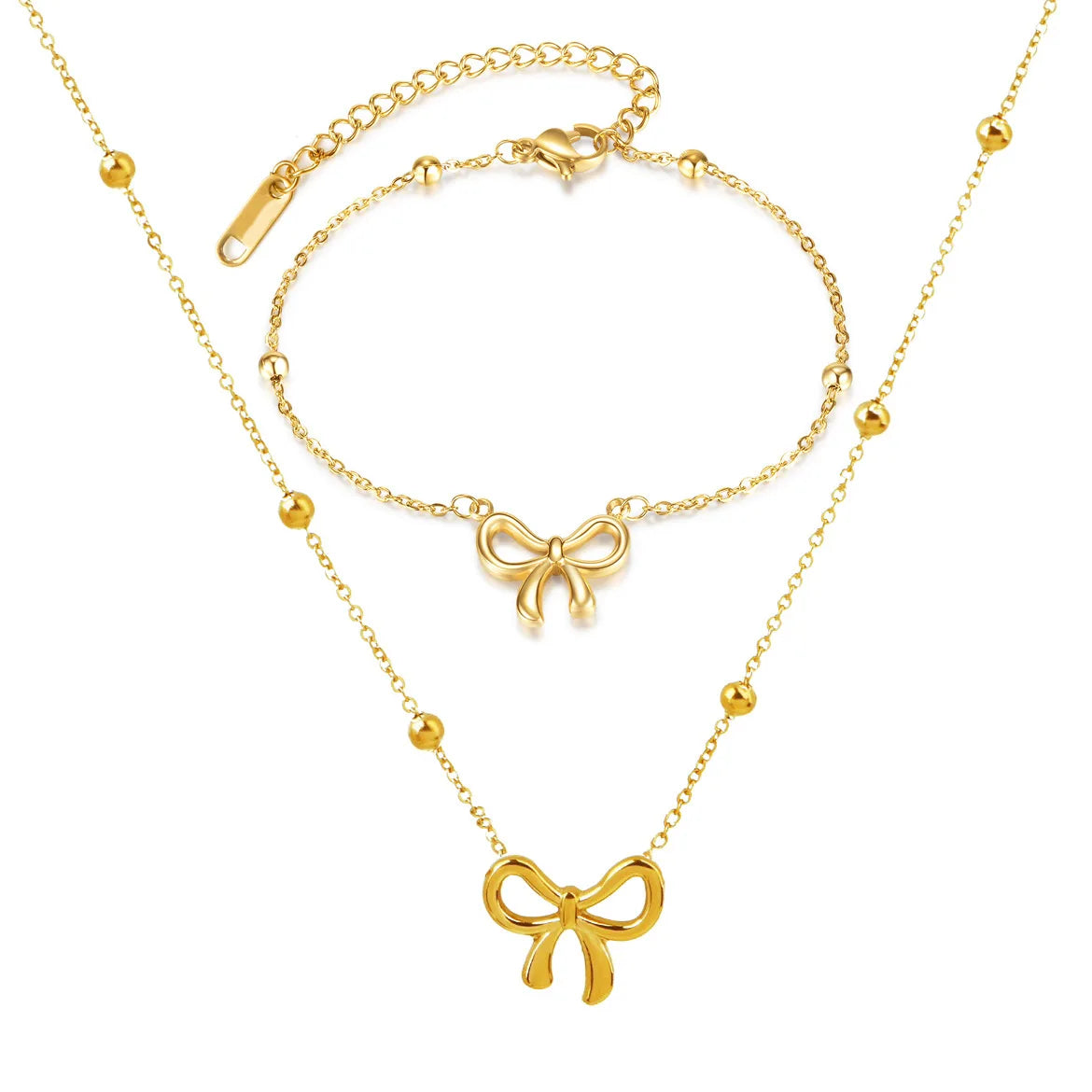 Luxury Stainless Steel Gold Princess Bowknot Round Beaded Titanium Steel Chain Bracelet Earrings Bow Tie Necklace Jewelry Set