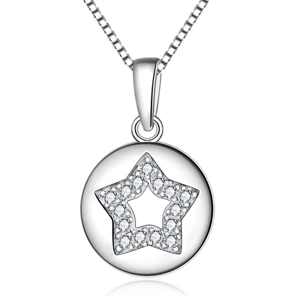 925 Sterling Silver Star Shaped Circle Pendant Necklace With Cubic Zirconia Stones