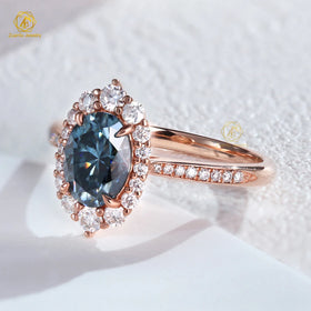 Luxury Fine Jewelry Moissanite Ring Wholesale 10K 14K 18K Gold 6*8mm Blue Gray Moissanite Ring