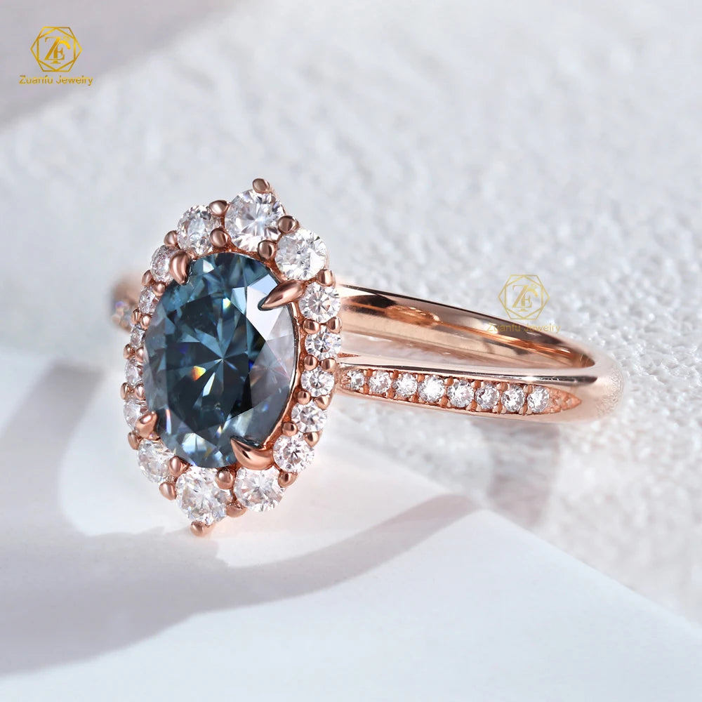 Luxury Fine Jewelry Moissanite Ring Wholesale 10K 14K 18K Gold 6*8mm Blue Gray Moissanite Ring