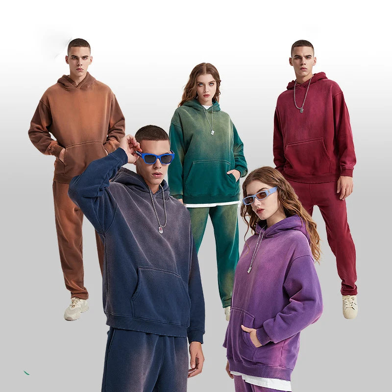 High Streetwear Oversized Pullover Custom Printing Sweatshirts Gradient Vintage Washed Distressed Hoodie Sets
