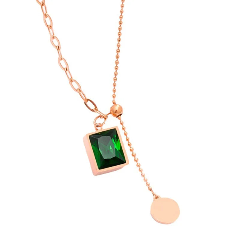 AA00888 Stainless Steel Green Zircon Square Pendant Necklace Mix Chain Style Round Disc Steel Geometric Crystal Necklace