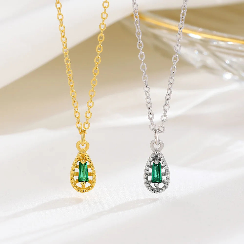 Fine 925 Sterling Silver Rhodium Plated Zircon Trendy Wedding 18k Gold Water Drop Shape Pendant Necklace for Women