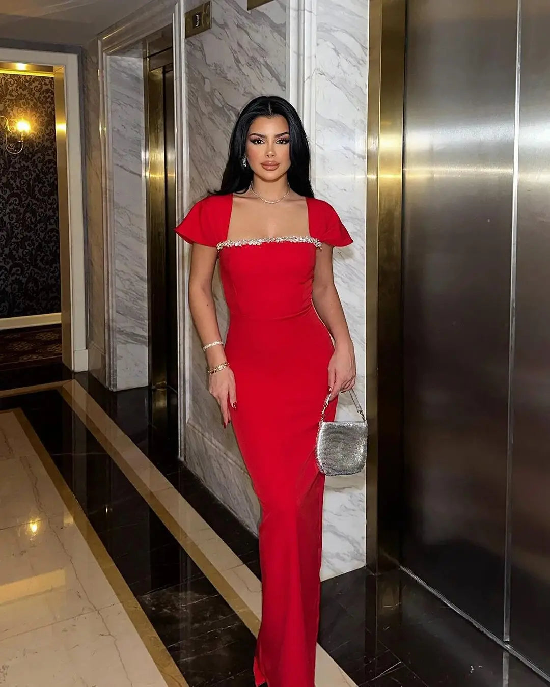 High Quality Christmas Long Diamond Dresses Sexy Elegant French Style Red Bandage Dress Formal Party Evening Dress