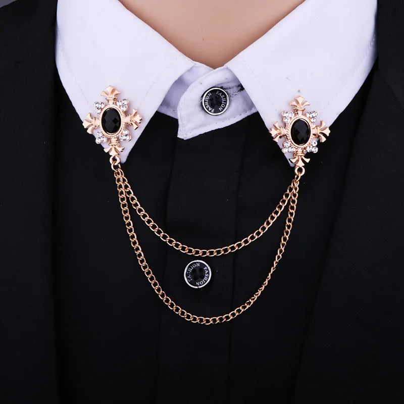 Fashion Tassel Crystal Cross Chain Brooch Men Women Shirt Collar Pins and Brooches Personality Lapel Pin Buckle Men Accessories