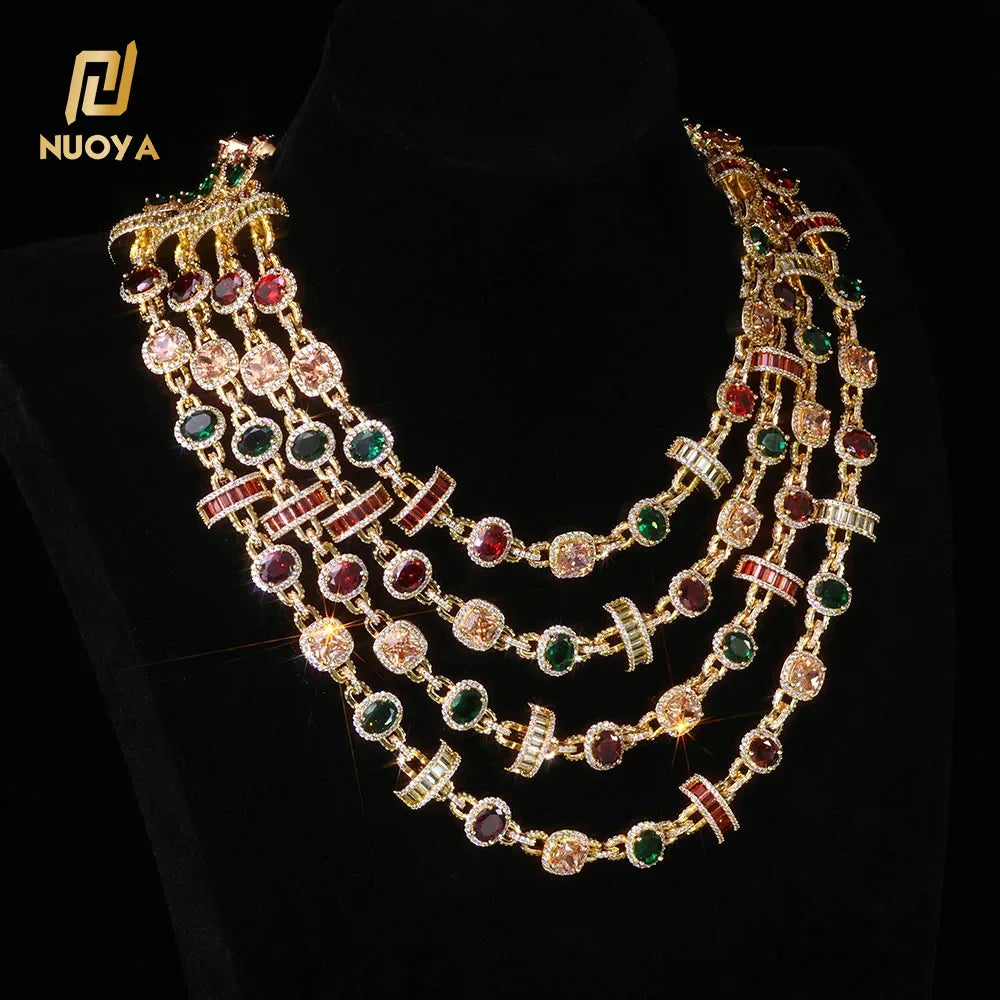NUOYA Luxury Geometric Design Link Chain Necklace New Arrival Gold Plated Colored Zircon Stones Hip Hop Fine Jewelry
