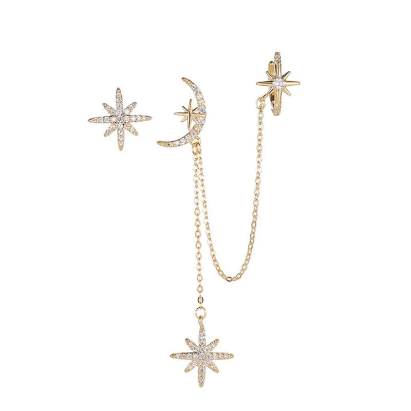 Asymmetric Moon Star CZ Ear Cuff Wrap Clip on 925 Sterling Silver Stud Long Chain Climbers Crawler Tassel Dangle Drop Threader C