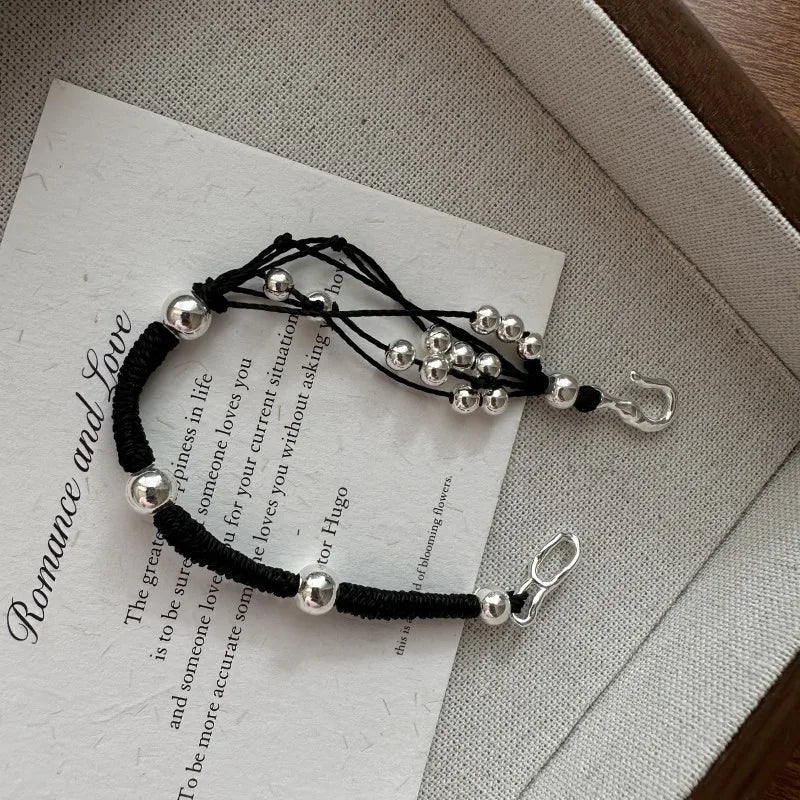 Pure Handmade Quality 925 Sterling Silver Multi-layer Red Black Cord Beads Beaded Women Bracelet Fine Jewelry
