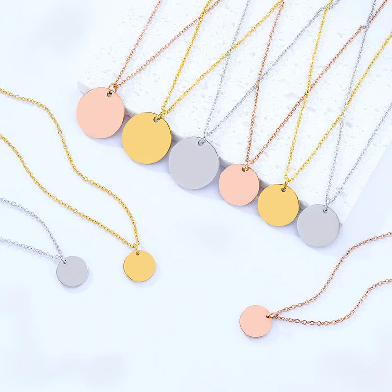 Stainless Steel Round Engravable Tag Disc Charm Necklace 18K Gold Rose Gold Custom Engraving Pendant Link Chain Necklace