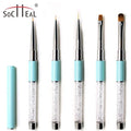 Professional Mint Green Metal Handle Nail Art Tools with White Rhinestone Soft Nylon Gel Liner Painting Oval Flat Nail Brushes