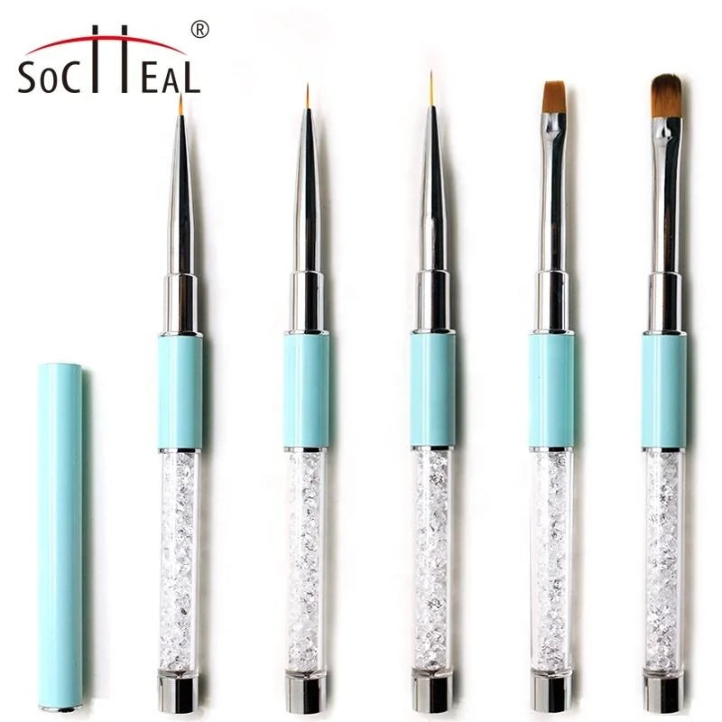 Professional Mint Green Metal Handle Nail Art Tools with White Rhinestone Soft Nylon Gel Liner Painting Oval Flat Nail Brushes