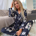 Hot Sale New Thermal Knee Length Long Sleeve 2pcs Satin Pyjamas Sexy Women's Shiny Striped Sleepwear