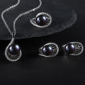 D1012 Abiding Jewelry Good Selling 10mm Black Fresh Water Pearl 925 Necklace Earrings Ring Women Silver Jewelry Set