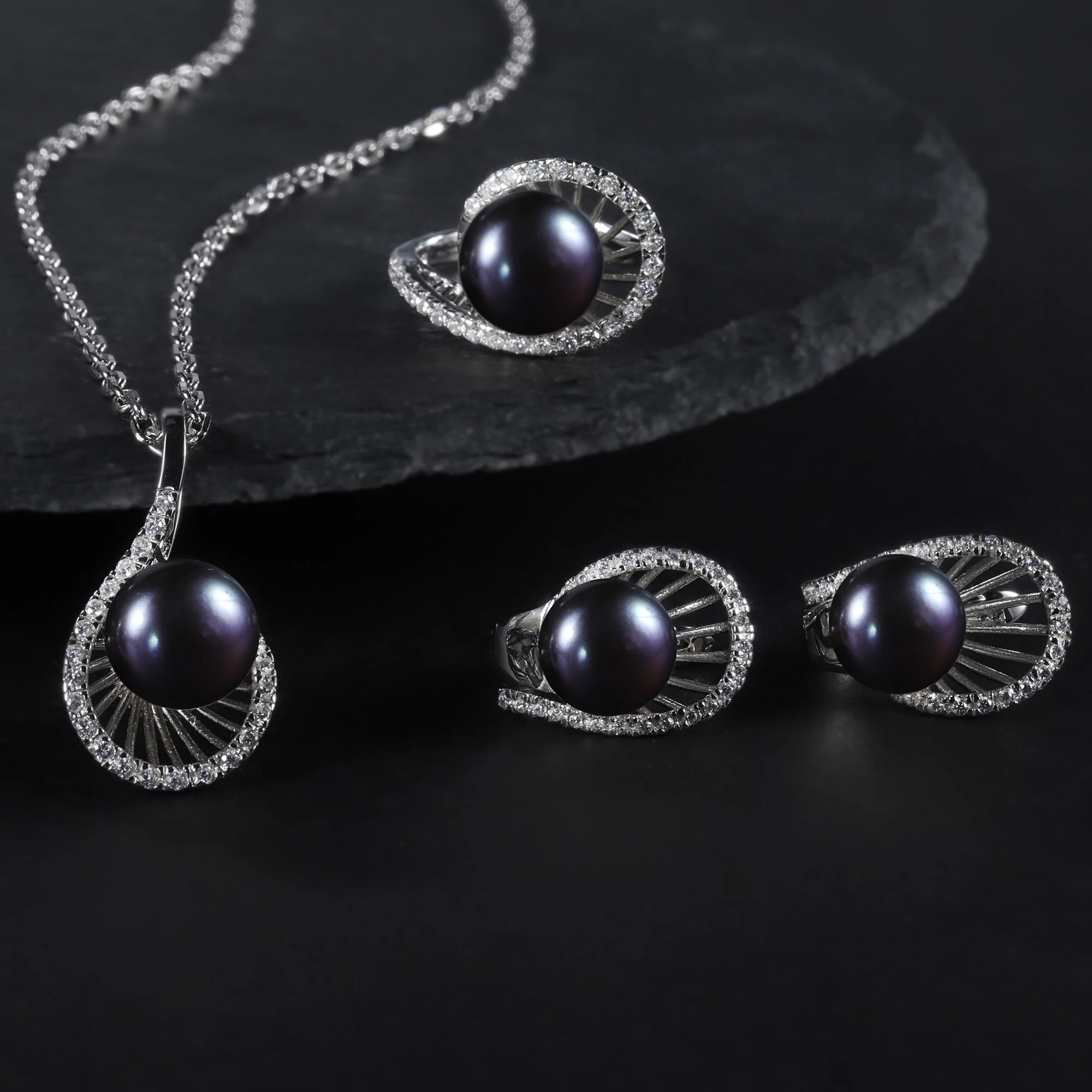 D1012 Abiding Jewelry Good Selling 10mm Black Fresh Water Pearl 925 Necklace Earrings Ring Women Silver Jewelry Set