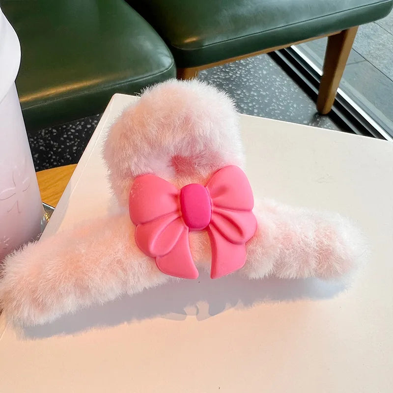 Wholesale Custom Korean Pink Bows Women Girls Sweet Girls Hair Accessories Plush Hair Claw Clips