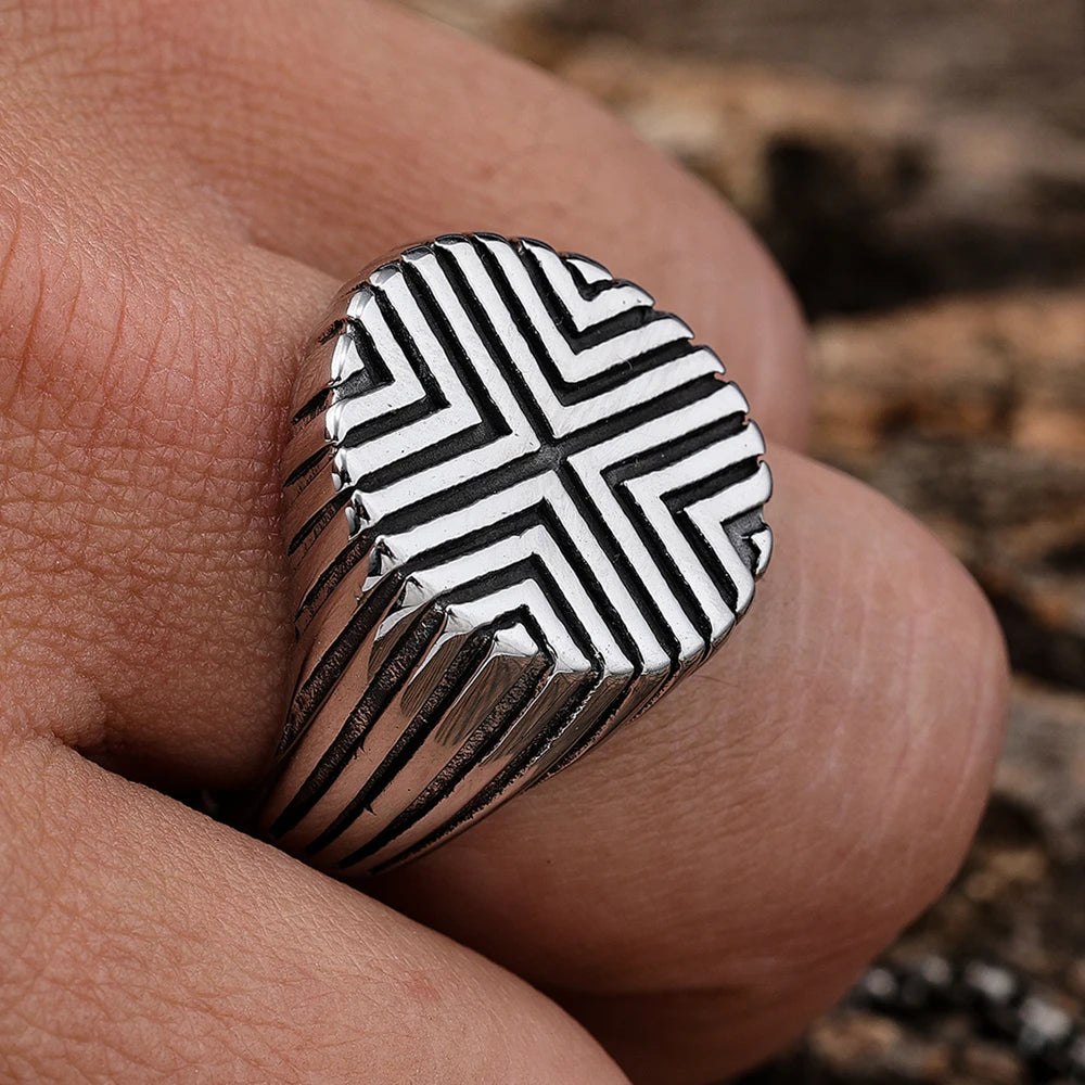 Fashion Bikers Rappers Jewelry Cool Punk Rock and Roll Hip Hop Men's Stainless Steel Geometric Cross Stripe Line Signet Ring
