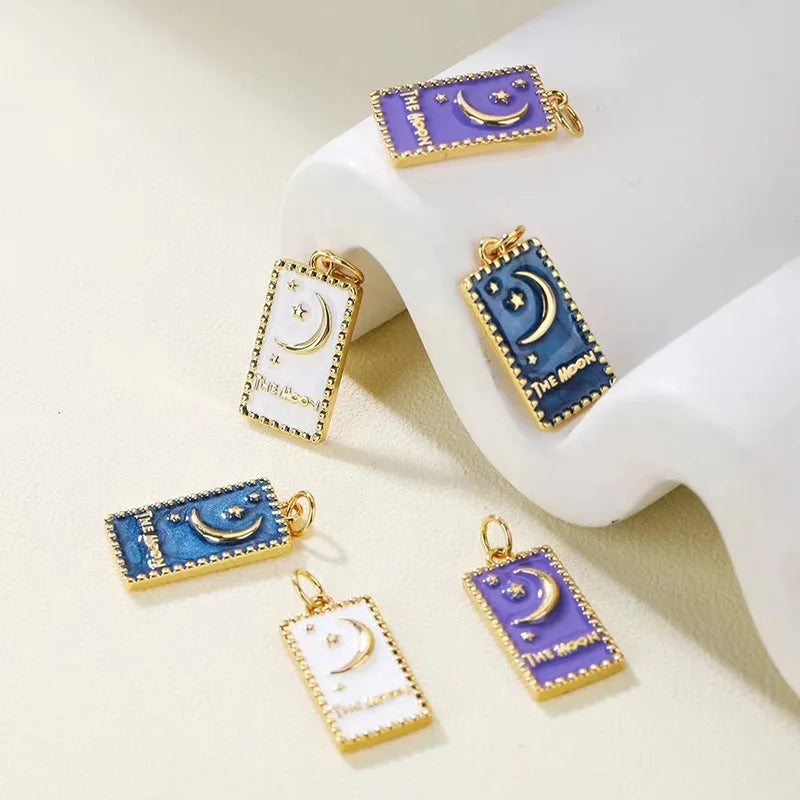Jiexing Oil Drop Star Moon Tarot Enamel Pendant with Zircon Stone 14K Gold Plated Diy Necklace Trendy Charms Making Jewelry