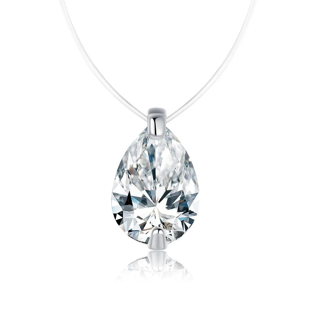 1.0ct 5*7mm Vvs1 D Color Pear Cut Moissanite Fish Line Necklace Invisible Necklace 925 Silver Women Girl Gift