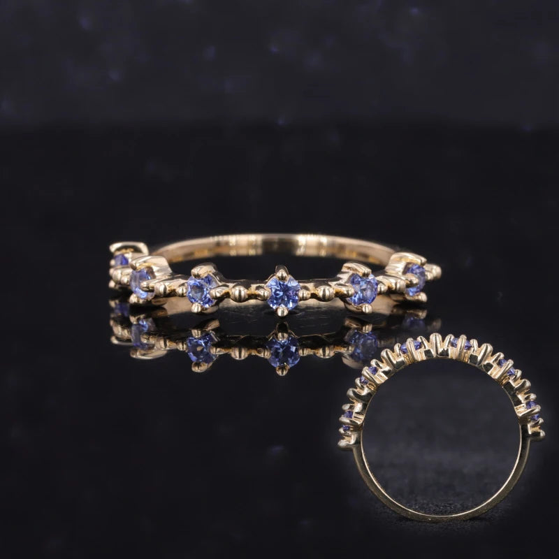 14k Solid Yellow Gold Filled Round Cut  Moissanite Sapphire Rings Blue Sapphire Stone Ring