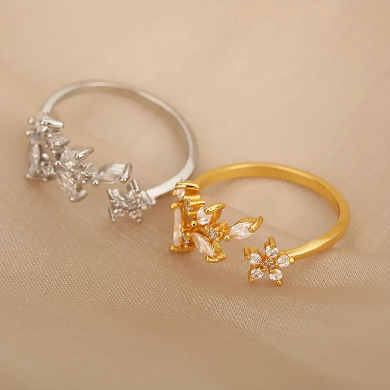 2024 New Gold Flower Branch Leaf Adjustable Open Ring Petal Branch Women's Zircon Ring