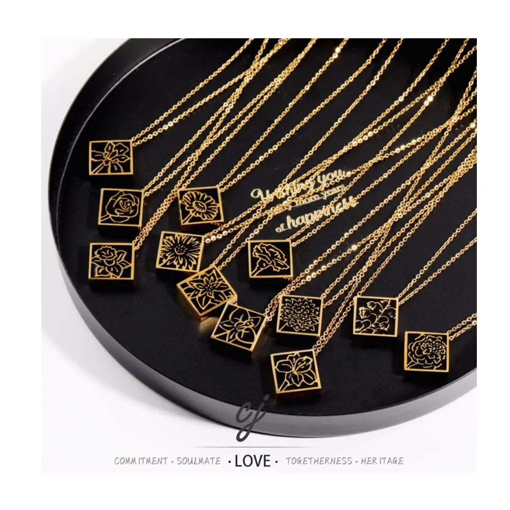 Carline 18K Gold Plated 12 Month Flower Square Minimalist Black Stainless Steel Birthday Necklace Jewelry Gifts for Women Men